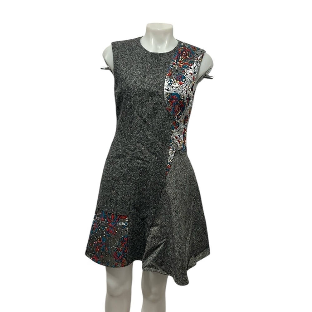 Stella McCarthy gray sleevless fit and flare dress with floral details